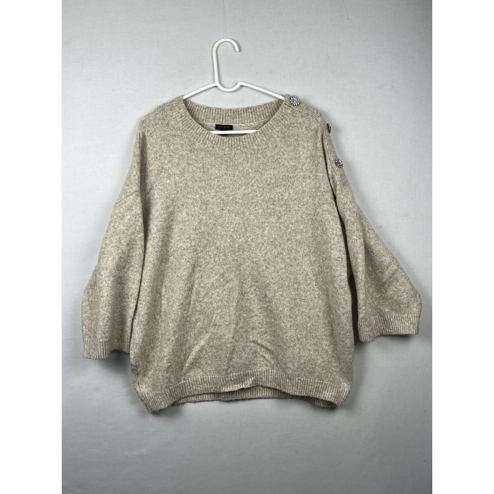 Ann Taylor Factory Sweater Womens XL Jewel Shoulder 3/4 Sleeve Knit Oatmeal Tan
